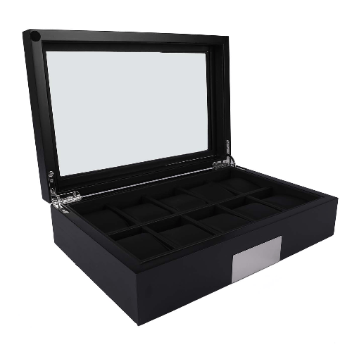 Luxury Signature 10 Slots Wooden Watch Box, Black MDF with Oak Veneer Finish, PU Leather Cushioned Pillows