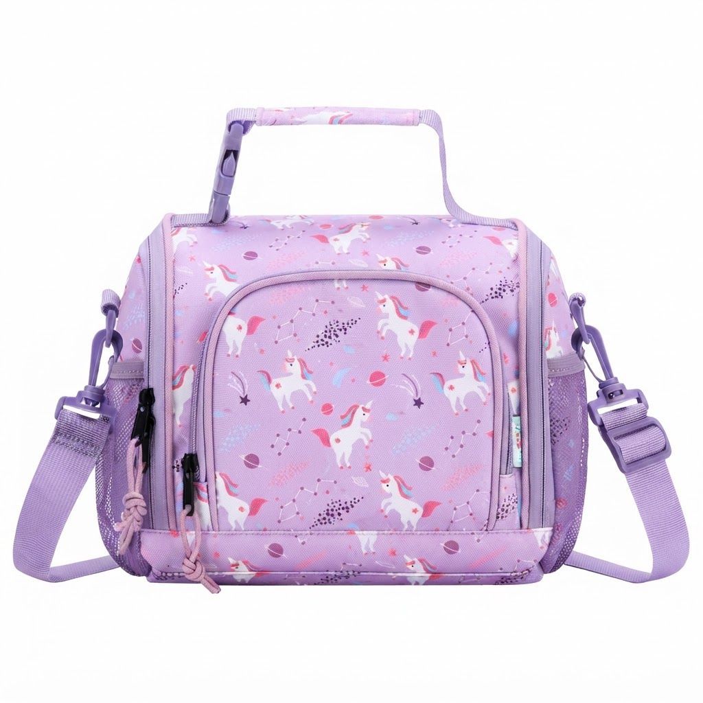VASCHY Insulated Lunch Bag for Kids - Purple Unicorn Cooler Box for Girls Boys, Spacious Reusable