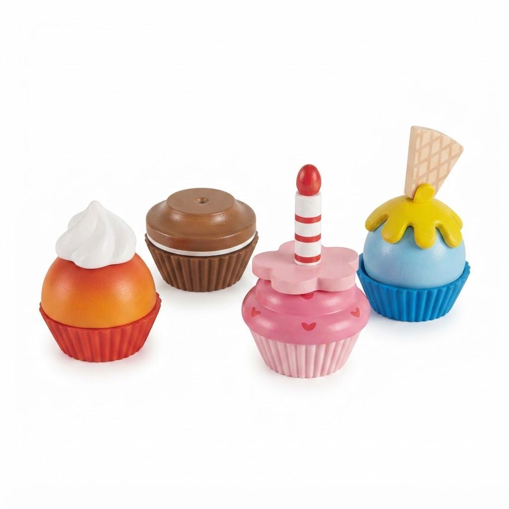 Hape Wooden Cupcake Set - 18-Piece Pretend Play Food Kitchen Toy with Colorful Toppings & Fruits