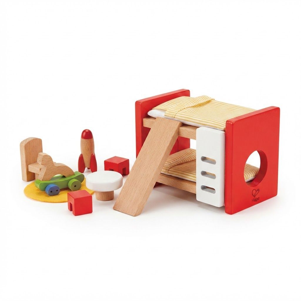 Hape Wooden Doll House Children's Room Furniture Set with Bunk Beds, Table, Chairs & Rocket, Red