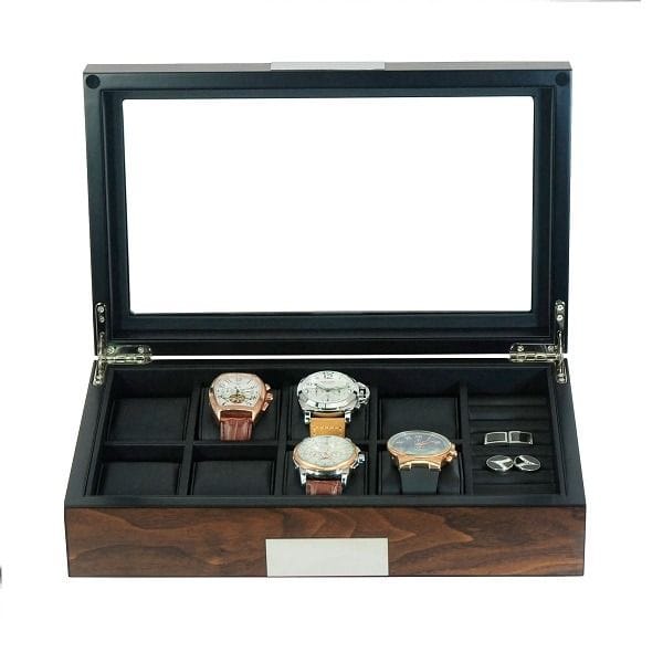 Luxury Signature Wooden Watch & Cufflink Storage Box, 8 Slot Organizer with Glass Display Lid, Walnut Finish, PU Leather Lining, Matte Display Case