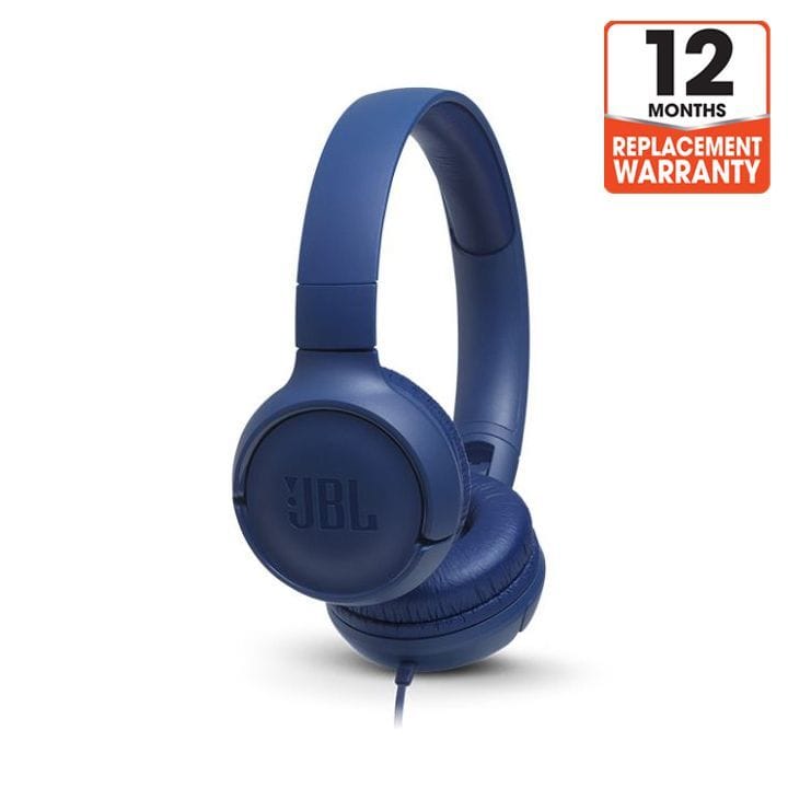 JBL Tune 500 Wired On-Ear Headphone, JBL Pure Bass Sound, Lightweight And Foldable Design, Tangle Free Flat Cable, One Button Remote - Blue - TUNE 500