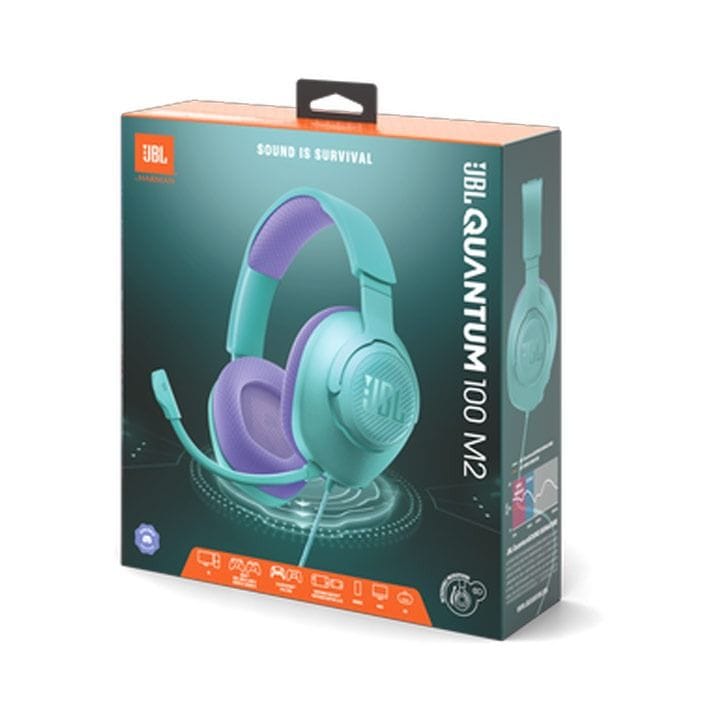 JBL Quantum 100 Wired Over-Ear Gaming Headphones with Detachable Mic, Supports Windows Sonic Spatial Audio - Cyan - QUANTUM100M2