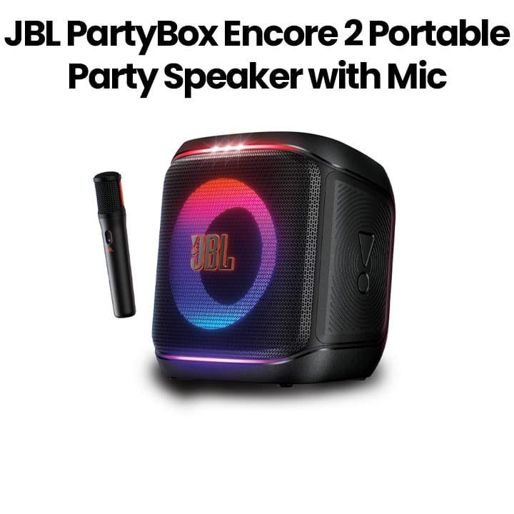 JBL PartyBox Encore 2 With Mic, Wireless Bluetooth Party Speaker, AI Sound Boost, Dynamic Light Show, Upto 15Hrs Playtime - Black - JBLPBENCORE2UK