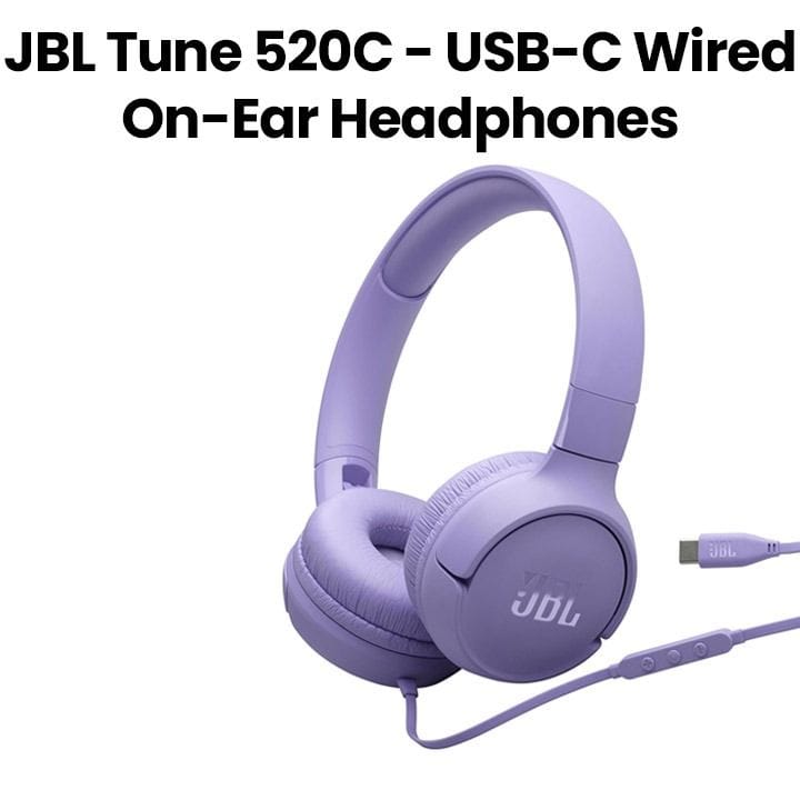 JBL Tune 520C Wired On-Ear Headphones With USB-C, Hi-Res Audio, JBL Pure Bass Sound, EQ Presets - Purple - JBLT520CPUR