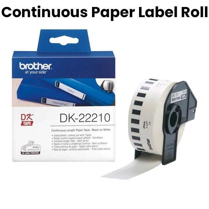 Brother Continuous Length Paper Tape Roll 29mm, Custom Length Labels, Strong Adhesion, Professional Finish - Black On White - DK-22210