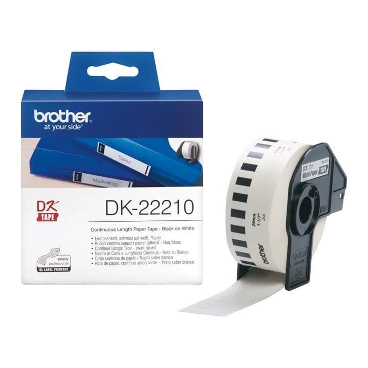 Brother Continuous Length Paper Tape Roll 29mm, Custom Length Labels, Strong Adhesion, Professional Finish - Black On White - DK-22210