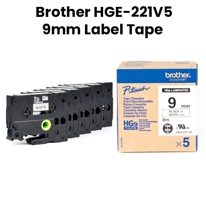 Brother Genuine Label Tape, Clear, Sharp Black Text On A White Background For High Readability 9mm - Black/White - HGE-221V5