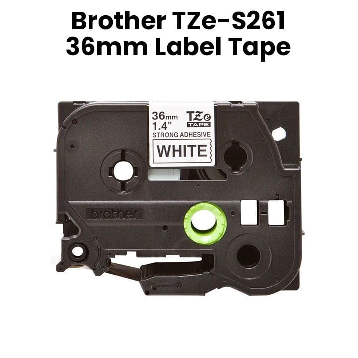 Brother Strong Adhesive Black On White Label Tape 36mm, For Extra Grip On Rough Surfaces, Waterproof, Fade-resistant - White - TZe-S261