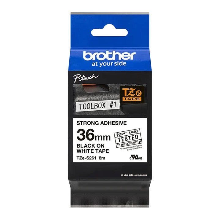 Brother Strong Adhesive Black On White Label Tape 36mm, For Extra Grip On Rough Surfaces, Waterproof, Fade-resistant - White - TZe-S261