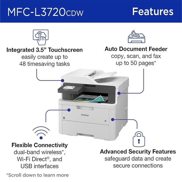 Brother Color LED Laser Multifunction Printer, LED Printing Technology, Automatic Duplex Printing, ADF Support - White - MFC-L3720CDW