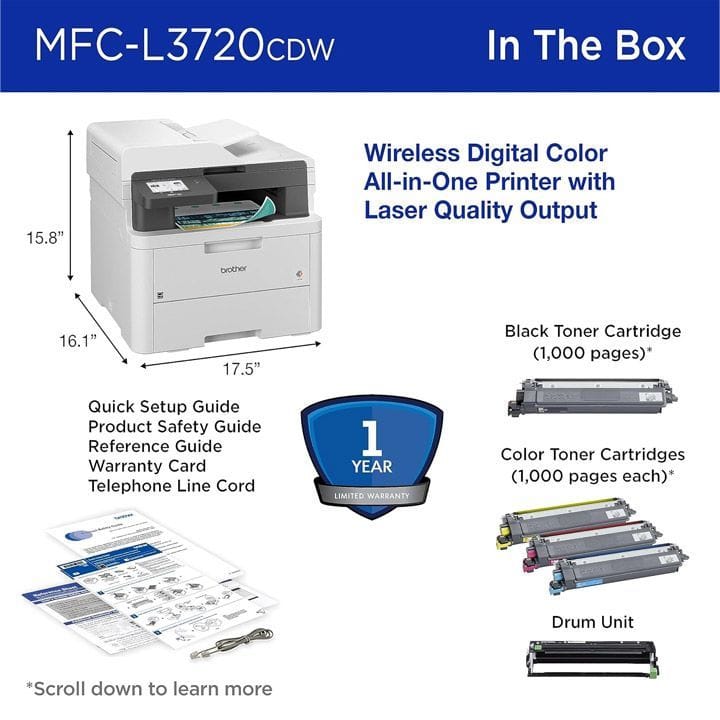 Brother Color LED Laser Multifunction Printer, LED Printing Technology, Automatic Duplex Printing, ADF Support - White - MFC-L3720CDW
