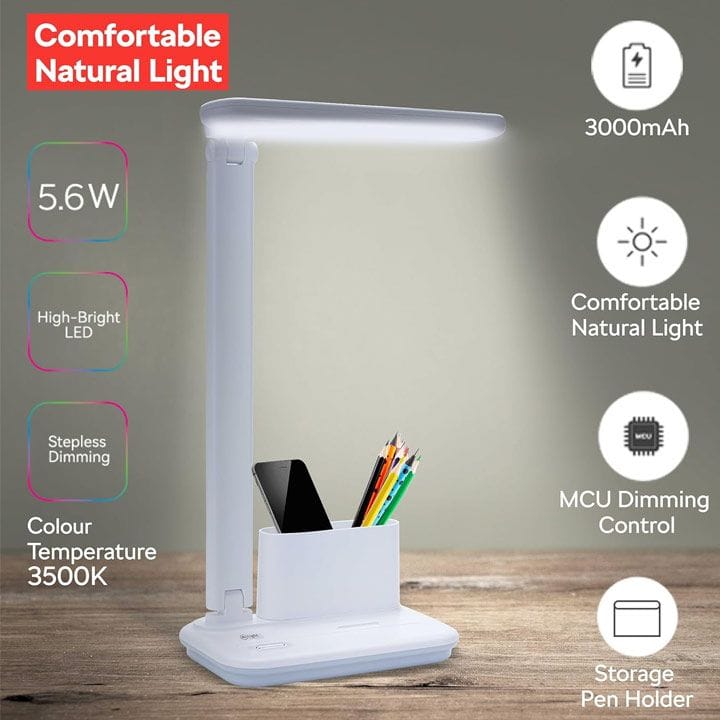 Mr. Light LED Rechargeable Table Lamp 5.6W, 3000mAh Battery, Stepless Dimming, 3500K Natural Light, Foldable And Portable Design - White - MR6606