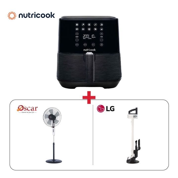 Nutricook Rapid Air Fryer + LG CordZero A9 Slim Stick Vacuum Cleaner + Oscar Stand Fan With Remote (101002000000732 + 201002000000122 + 301006000000036)