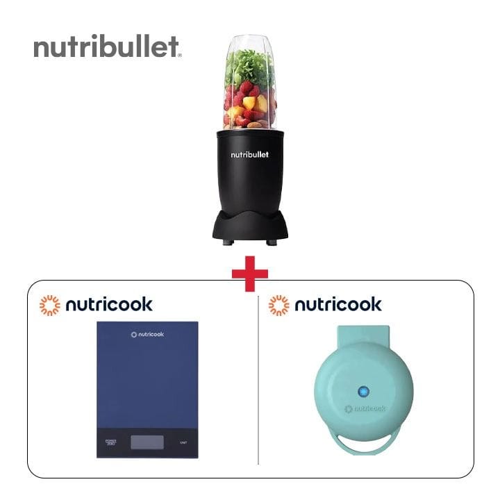 NutriBullet 900W Smoothie Maker 9-Piece Matte Black + Nutricook Mini Waffle Maker Aqua Marine + Nutricook Kitchen Scale Blue - Smoothie & Snack Bar Bundle (301006000000044 + 301006000000102 + 301006000000119)