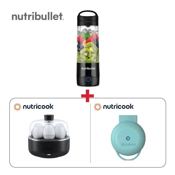 Nutricook 2-Slot Egg Cooker + NutriBullet Portable Blender + Nutricook Mini Waffle Maker - Nutricook Morning Essentials Bundle (301006000000084 + 301006000000063 + 301006000000102)
