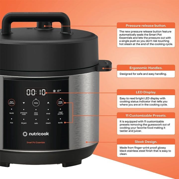 Nutricook Smart Pot Essentials 4L Electric Cooker – Compact Pressure Cooking, Stainless Steel Inner Pot, Smart Preset Programs | NC-SP150