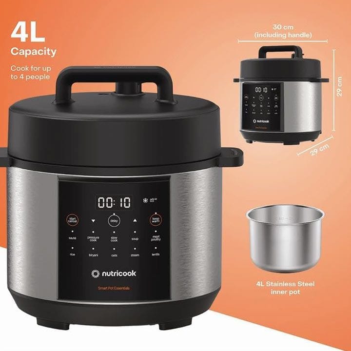 Nutricook Smart Pot Essentials 4L Electric Cooker – Compact Pressure Cooking, Stainless Steel Inner Pot, Smart Preset Programs | NC-SP150