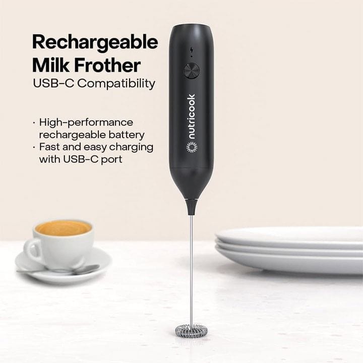 NutriCook USB-C Rechargeable Milk Frother – Fast Recharge, One-Button Frothing, 304 Stainless Steel Whisk, Versatile for Coffee, Matcha & More | MF100ME