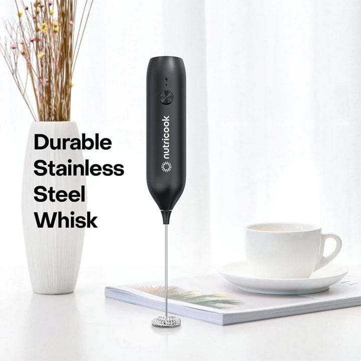 NutriCook USB-C Rechargeable Milk Frother – Fast Recharge, One-Button Frothing, 304 Stainless Steel Whisk, Versatile for Coffee, Matcha & More | MF100ME