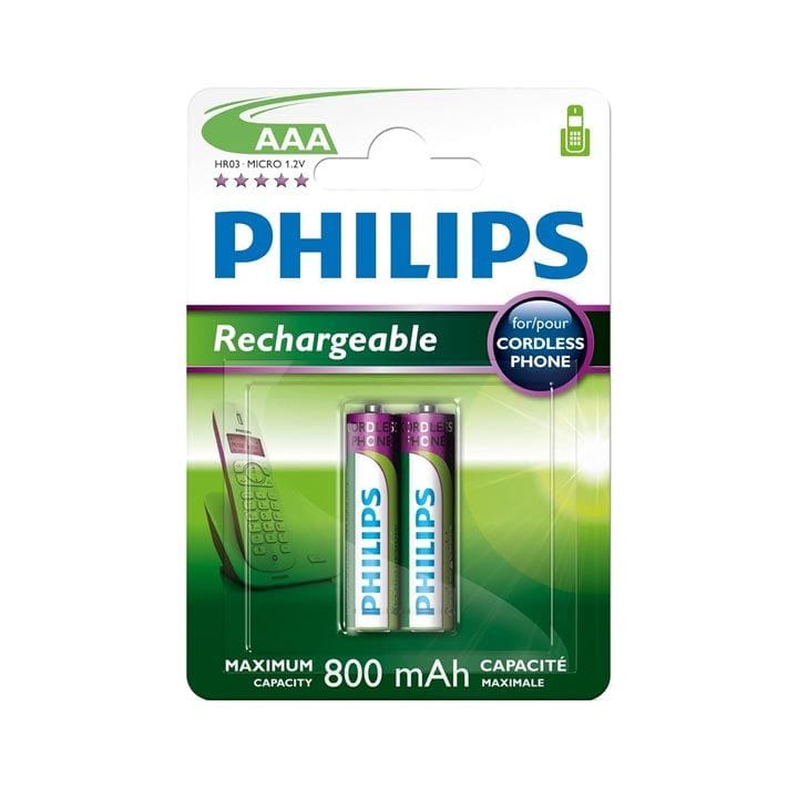 فيليبس بطاريات نيكل-معدن هيدريد AA، ٨٠٠ مللي أمبير عبوتين | R03B2A80/97