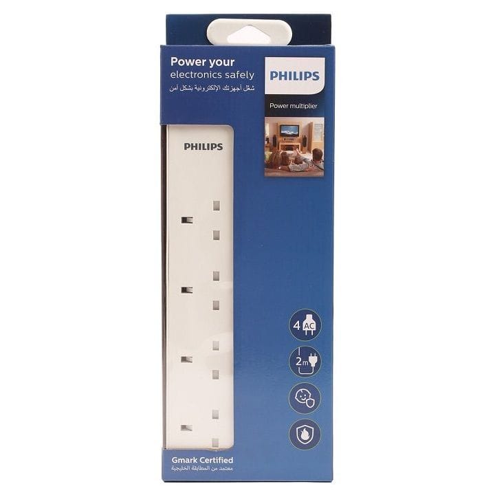 Philips 4-Way Outlet Extension Socket With BS Plug And 2Mtr Power Cord - White(SPN2546WA/56)