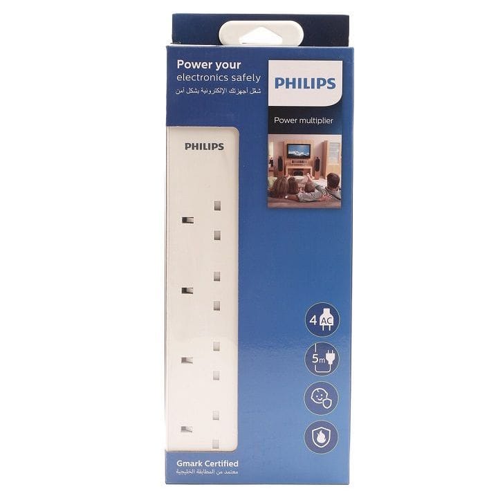 Philips 4-Way Outlet Extension Socket With BS Plug And 5Mtr Power Cord - White(SPN2546WC/56)