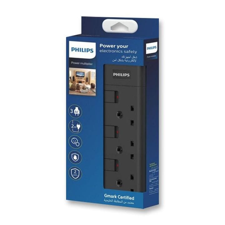 Philips 3-Way Outlet Extension Socket Individual Switch UK Plug 2Mtr Cord - Black (SPN2932BA/56)