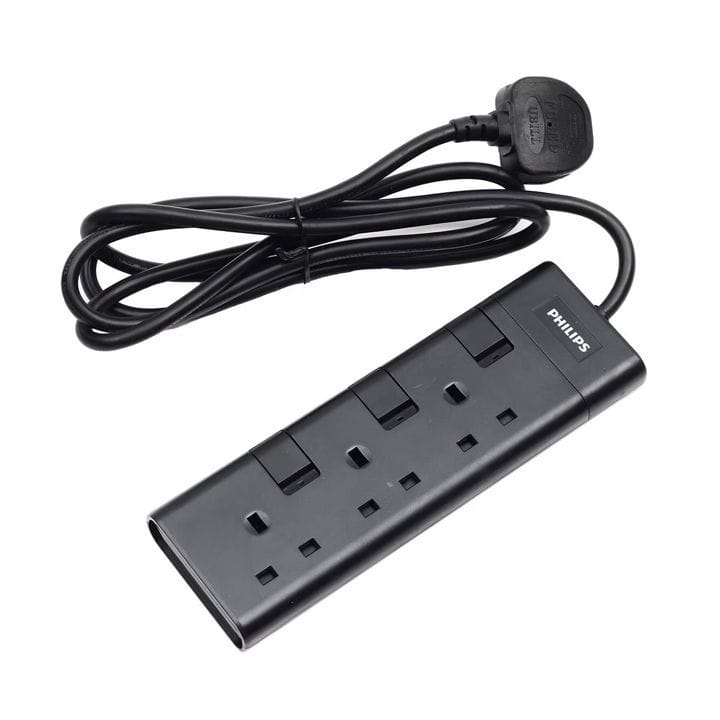 Philips 3-Way Outlet Extension Socket Individual Switch UK Plug 2Mtr Cord - Black (SPN2932BA/56)
