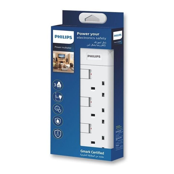 Philips 3-Way Outlet Extension Socket Individual Switch UK Plug 5Mtr Cord - White (SPN2932WC/56)