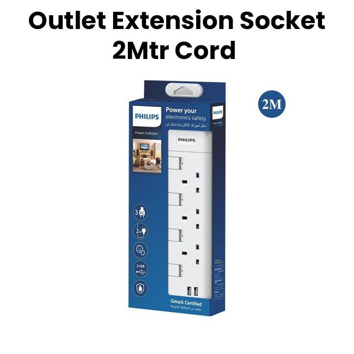 Philips 3-Way Outlet Extension Socket Individual Switch BS Plug 2Mtr Cord - White (SPN2934WA/56)