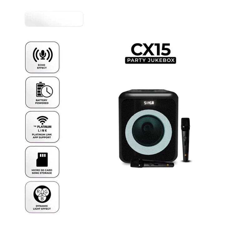 Platinum Karaoke CX15 Party Jukebox System – 23,000 Built-in Songs, Wireless Mics, 1200W Sound, RGB Lights, Bluetooth