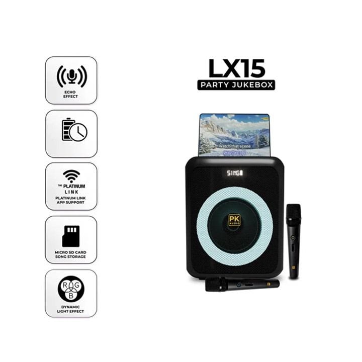 Platinum Karaoke LX15 Party Jukebox System – 8-inch LCD Screen, 23,000 Built-in Songs, Wireless Mics, Bluetooth Speaker
