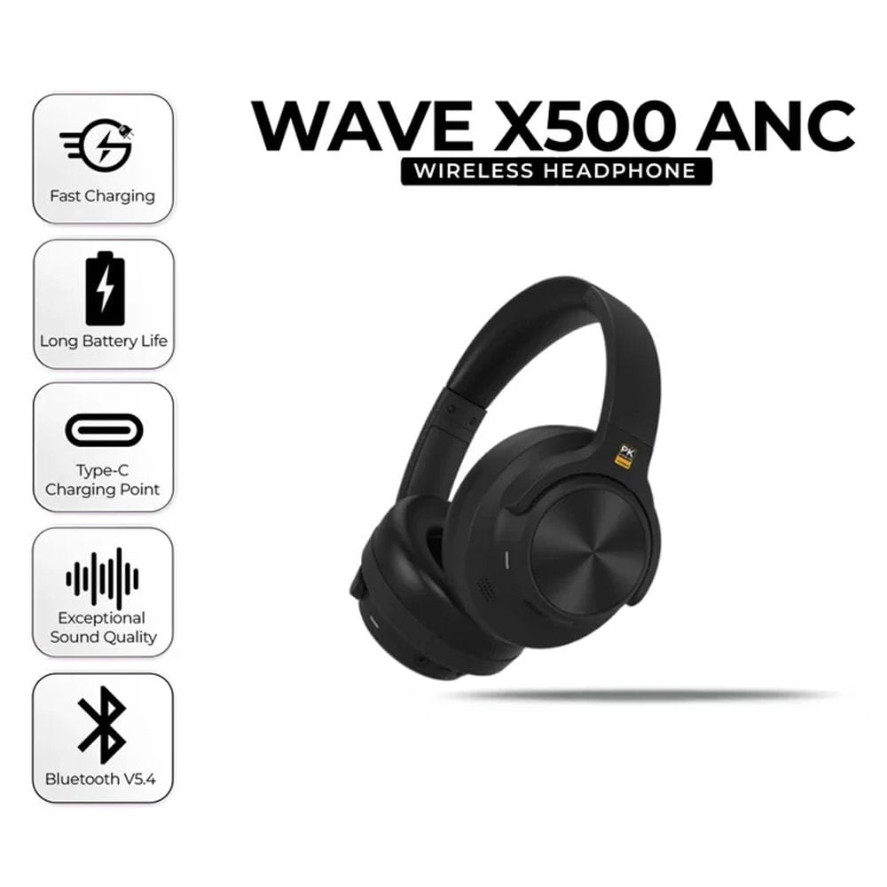 Platinum Karaoke Wave X500 Wireless Headphones, Active Noise Cancellation, Bluetooth Audio, Deep Bass Sound, Built-In Microphone & Long Battery Life | Black