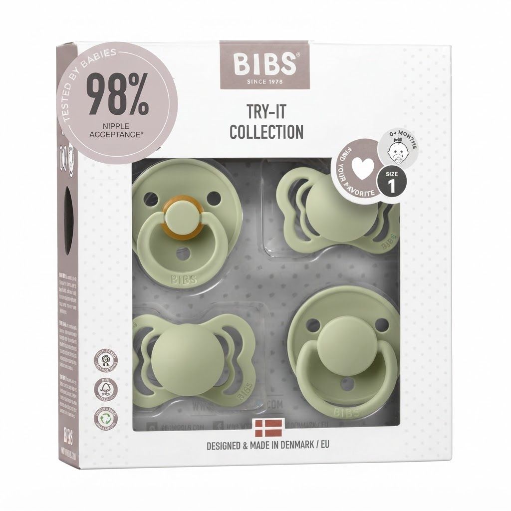 BIBS Try-It Collection Pacifier Size 1 0+ Months, Natural Rubber Latex Or Silicone Nipple, BPA-Free, Flexible And Durable Design - Sage