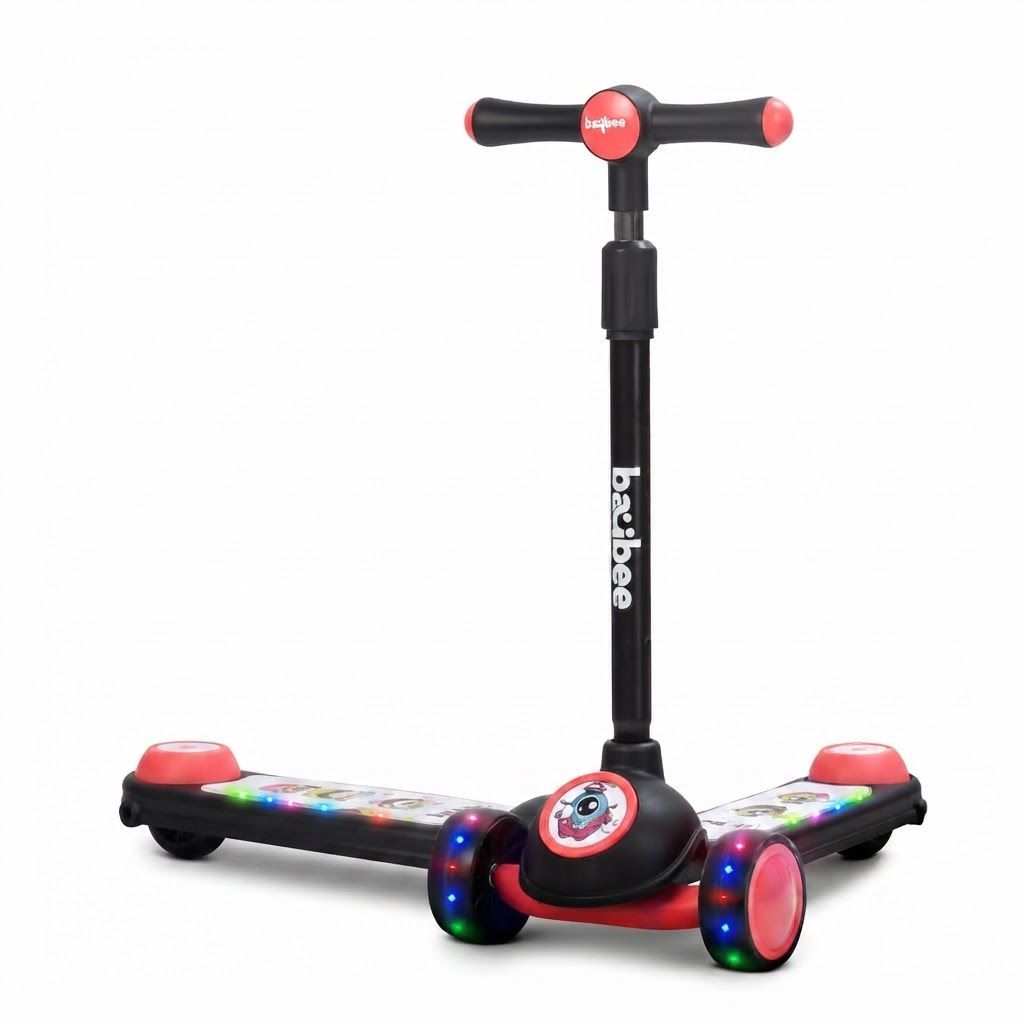 Baybee Sonic 3-Wheel Kids Scooter, Adjustable Height Kick Scooter with LED Light-Up PU Wheels, Lean-to-Steer, Black