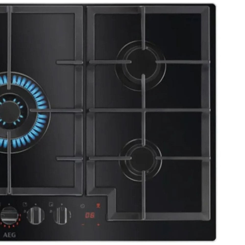 AEG 90cm Gas-on-Glass Hob, 5 Gas Burners, FlameLight Controls, StepPower Heat Control, Cast Iron Pan Supports | Black - HKB95451NB