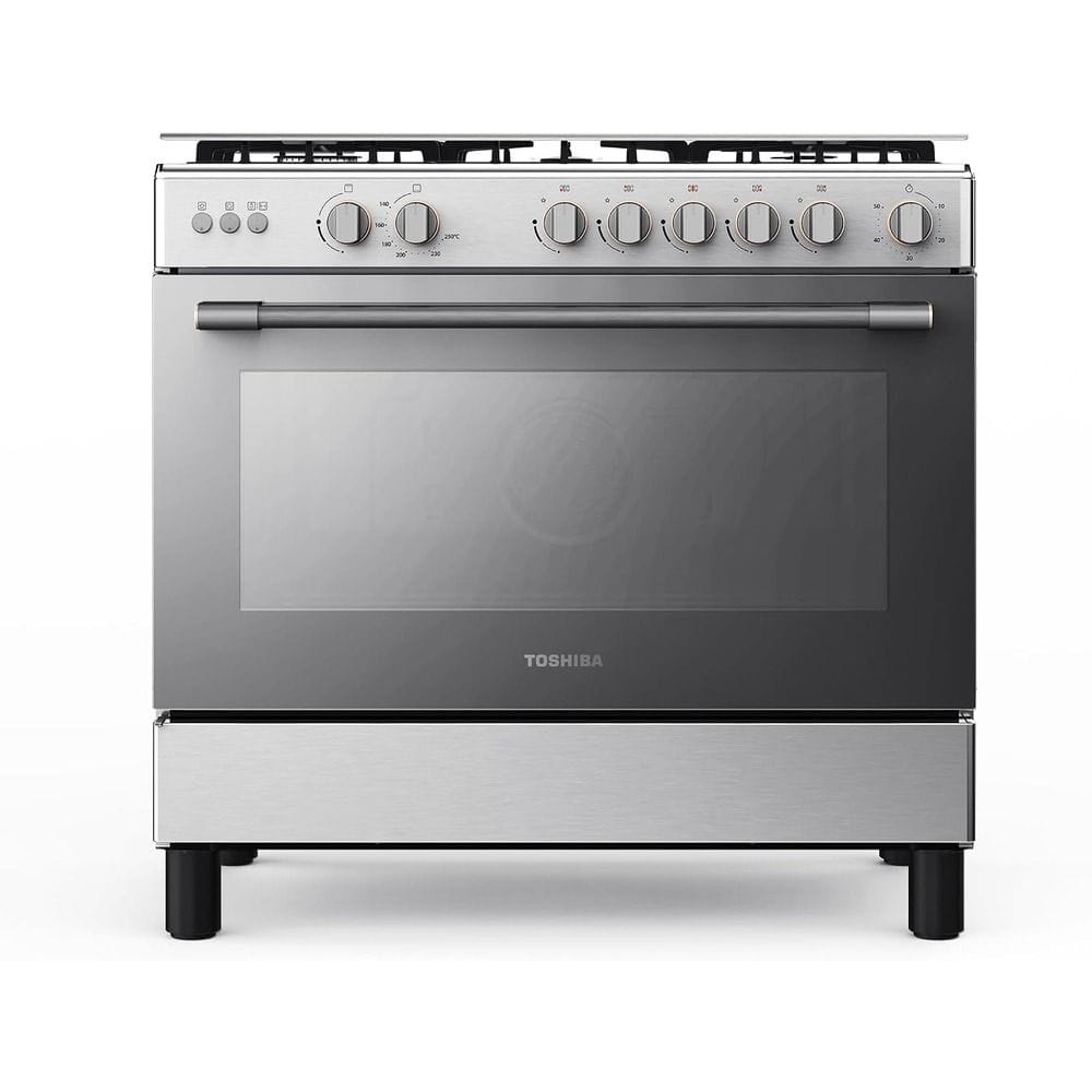 Toshiba 90x60cm Gas Cooker, 5 SABAF Burners, Cast Iron Support, Rotisserie & Convection, Stainless Steel | Black | RL2-90G5GE(MR)-R