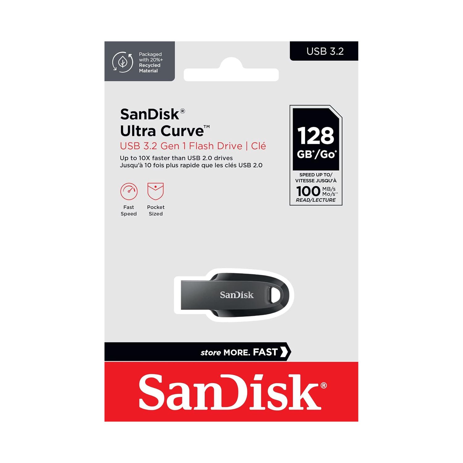SanDisk Ultra Curve USB 3.2 Flash Drive 128GB with Up to 100MB/s Read Speed, Compact Capless Design, Keyring Hole & Plug-and-Play Storage | Black - 619659187842
