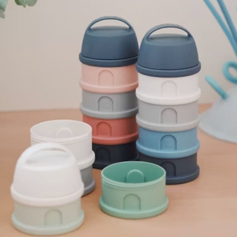 Beaba Milk Powder Containers With 4 Chambers, Stackable Powdered Milk Dispenser, Airtight, Easy To Use, Modular Dosing Box - Cotton White/Sage Green