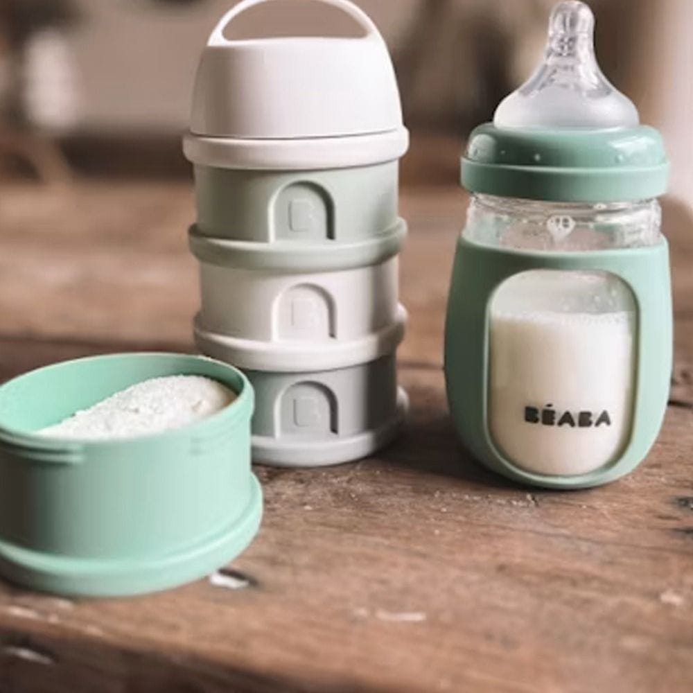 Beaba Milk Powder Containers With 4 Chambers, Stackable Powdered Milk Dispenser, Airtight, Easy To Use, Modular Dosing Box - Cotton White/Sage Green