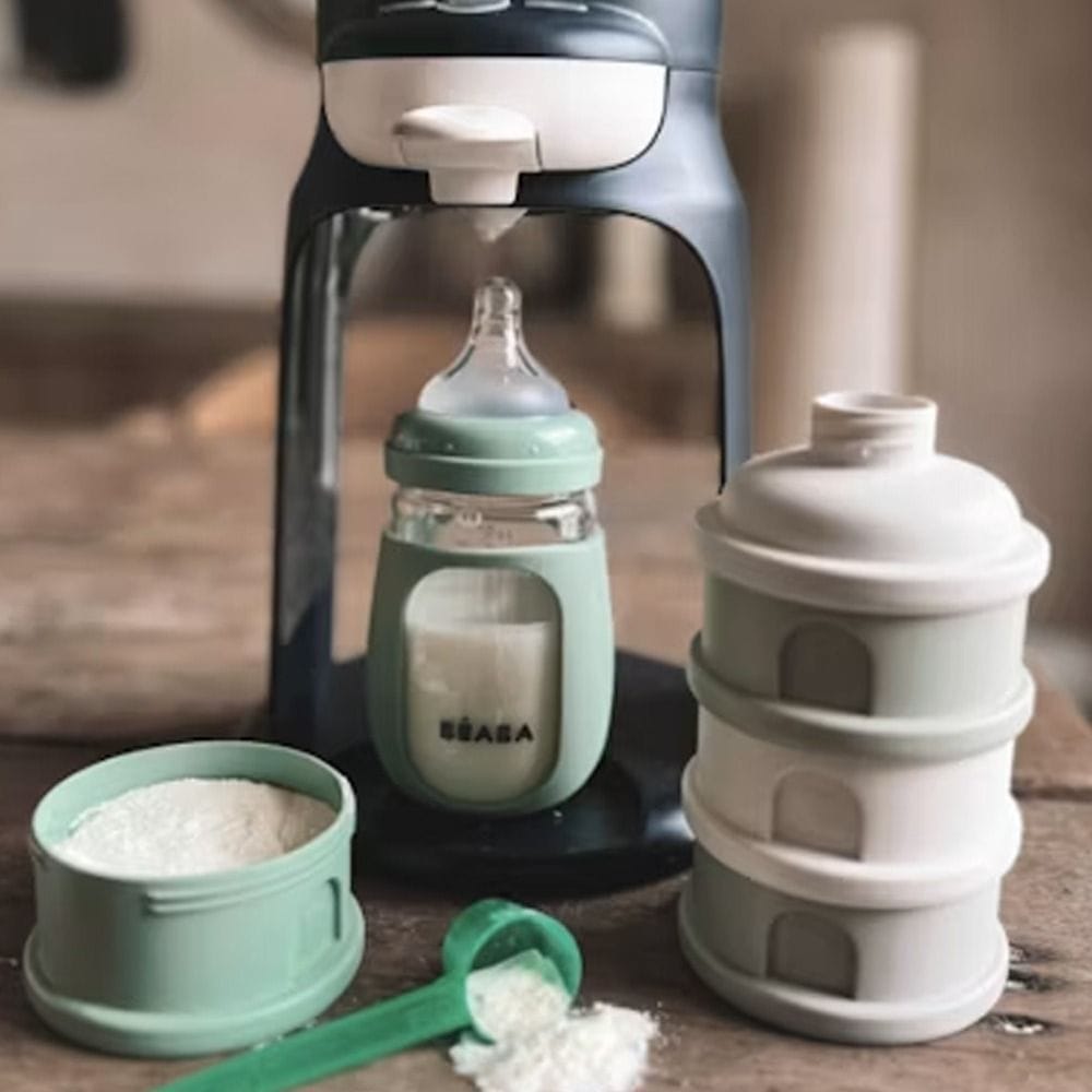 Beaba Milk Powder Containers With 4 Chambers, Stackable Powdered Milk Dispenser, Airtight, Easy To Use, Modular Dosing Box - Cotton White/Sage Green