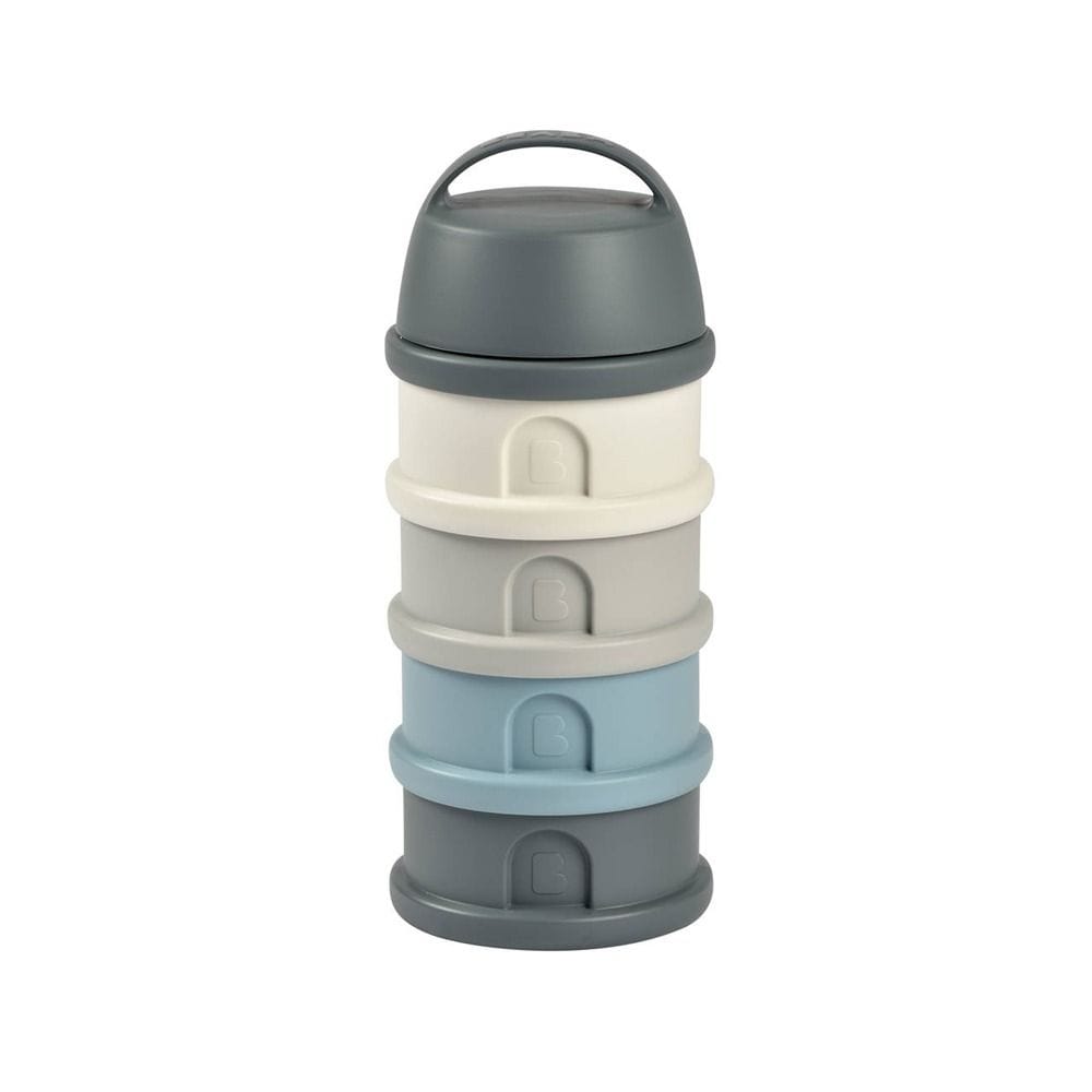 Beaba Milk Powder Containers With 4 Chambers, Stackable Powdered Milk Dispenser, Airtight, Easy To Use, Modular Dosing Box - Mineral Gray/Blue