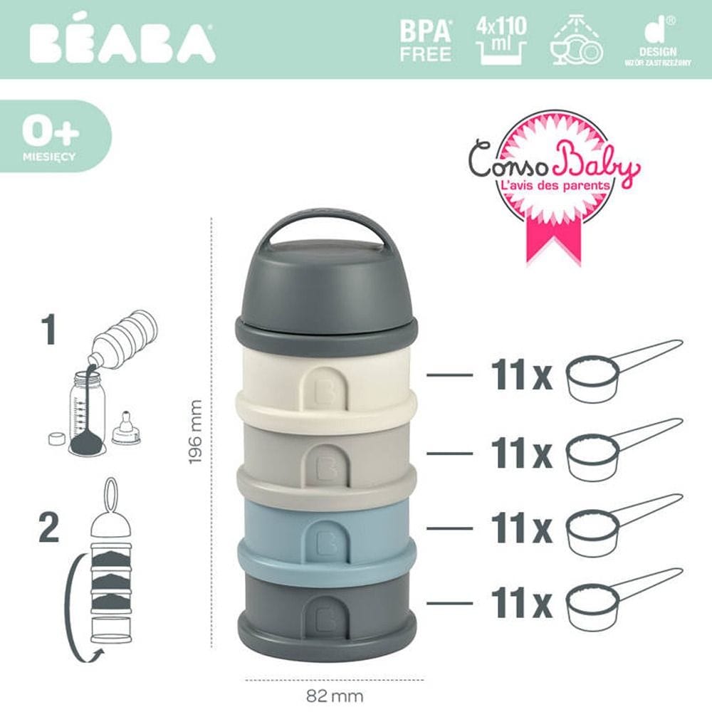 Beaba Milk Powder Containers With 4 Chambers, Stackable Powdered Milk Dispenser, Airtight, Easy To Use, Modular Dosing Box - Mineral Gray/Blue