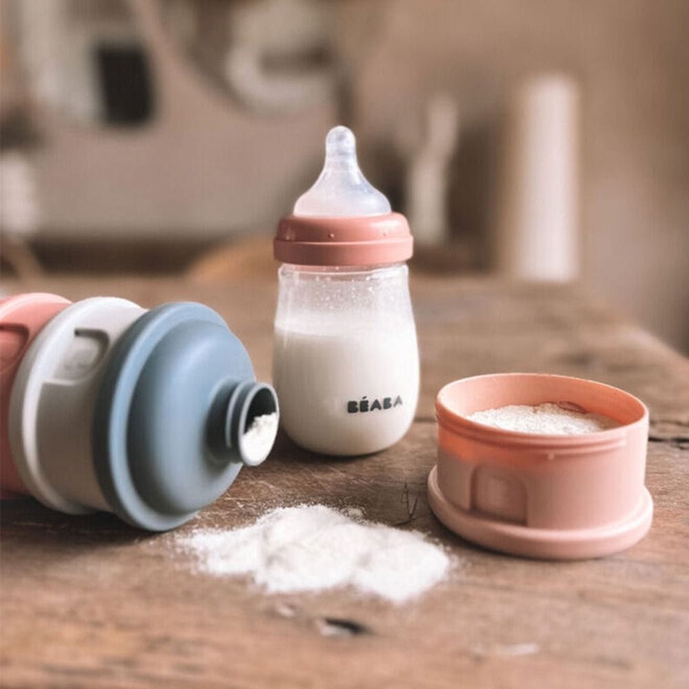 Beaba Milk Powder Containers With 4 Chambers, Stackable Powdered Milk Dispenser, Airtight, Easy To Use, Modular Dosing Box - Mineral Gray/Pink