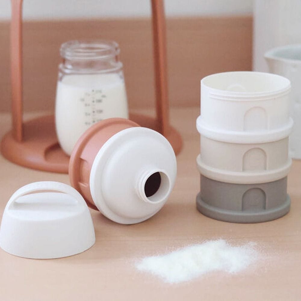 Beaba Milk Powder Containers With 4 Chambers, Stackable Powdered Milk Dispenser, Airtight, Easy To Use, Modular Dosing Box - Cotton White/Terracotta