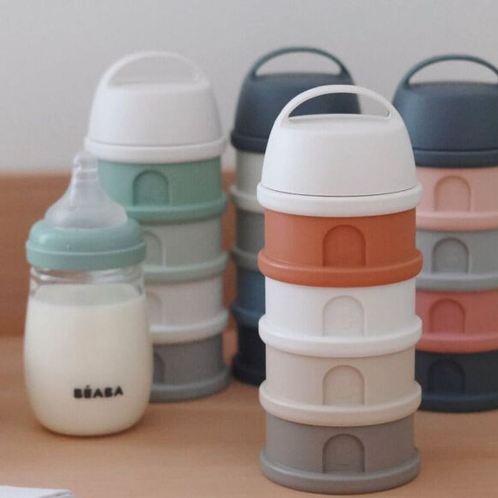 Beaba Milk Powder Containers With 4 Chambers, Stackable Powdered Milk Dispenser, Airtight, Easy To Use, Modular Dosing Box - Cotton White/Terracotta