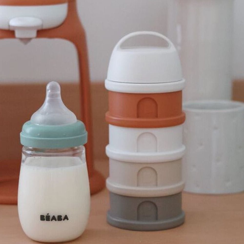 Beaba Milk Powder Containers With 4 Chambers, Stackable Powdered Milk Dispenser, Airtight, Easy To Use, Modular Dosing Box - Cotton White/Terracotta