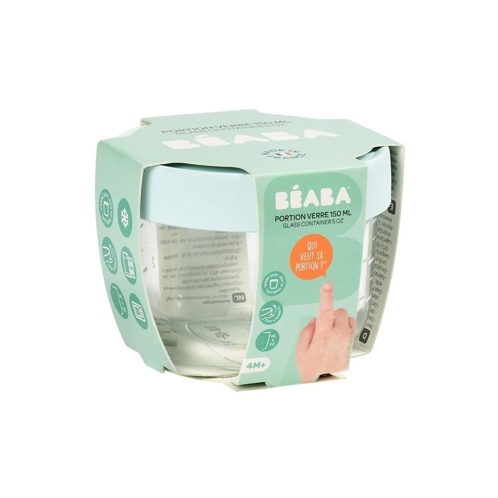 Beaba Conservation Glass Jar 150ml, Extra-Strong Glass, Heat And Cold Resistant, Easy Clip Soft Lid, Freezing And Reheating Foods - Light Blue