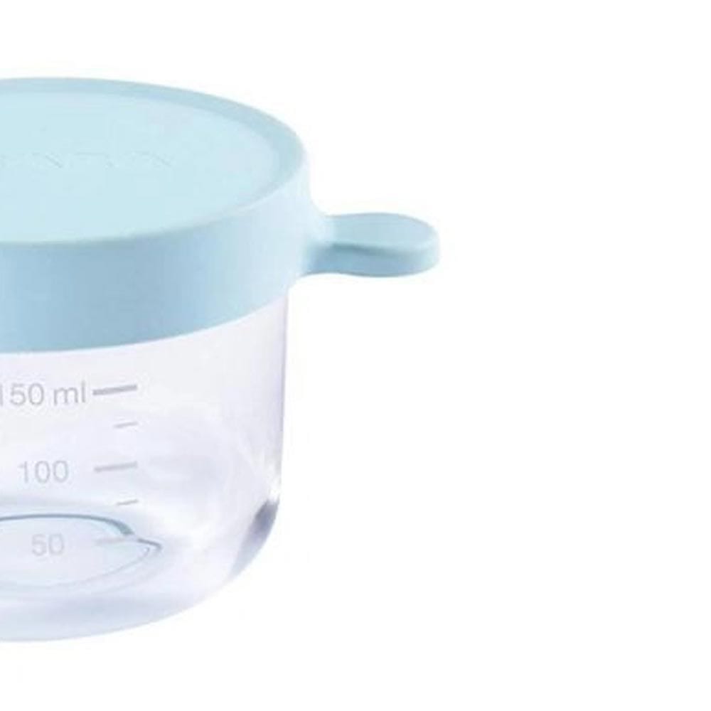 Beaba Conservation Glass Jar 150ml, Extra-Strong Glass, Heat And Cold Resistant, Easy Clip Soft Lid, Freezing And Reheating Foods - Light Blue